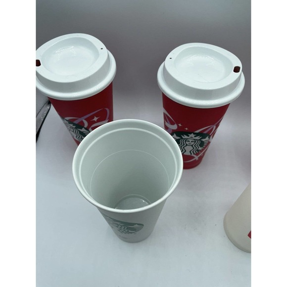 5 Starbucks Christmas Holiday Red White16 Oz. Recycled Travel Cups Mugs w 3 Lids - Picture 7 of 8